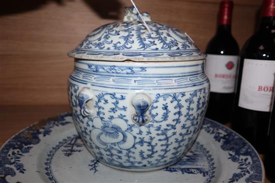 An 18th century Chinese blue and white charger and a 19th century Chinese blue and white soup bowl and cover charger diameter 35cm